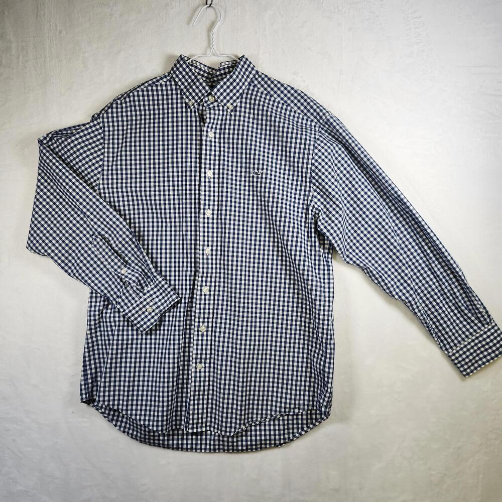 Vineyard Vines Classic Fit Whale Shirt Blue Check Size L Damaged